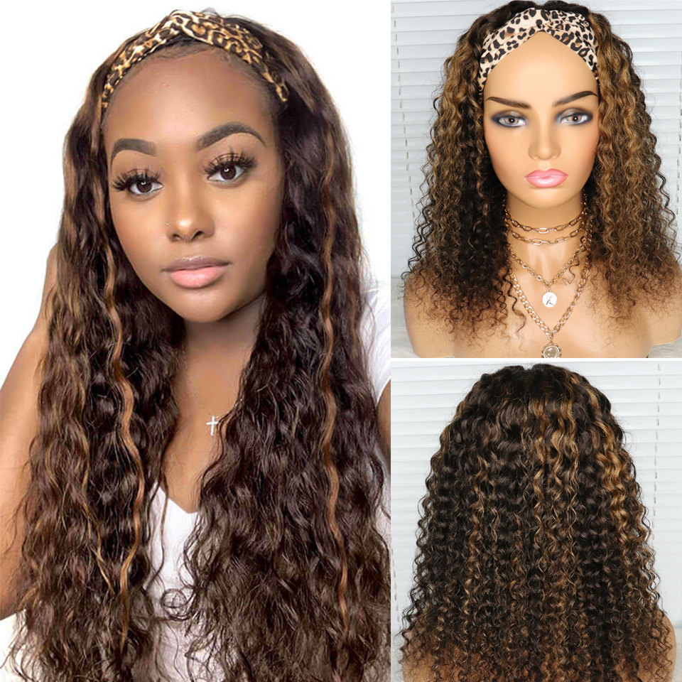 Honey Blonde Highlight #4/27 & #4/30 Color Kinky Curly Headband Wig Human Hair Wigs