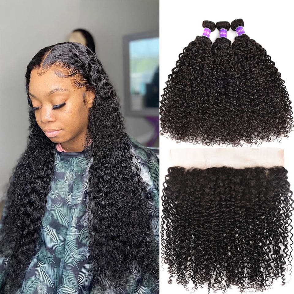 Indian Kinky Curly 3 Bundles with 13x4 Transparent Lace Frontal Pre Plucked