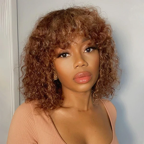 Caramel 1B/30 Kinky Curly Bob Wig With Bangs None Lace