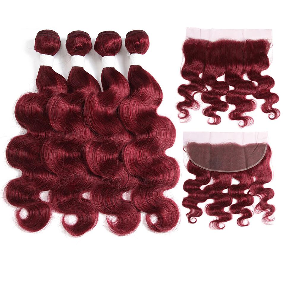 Red Bundles Burg Body Wave 4 Bundles With 13x4 Lace Frontal Pre Colored Ear To Ear