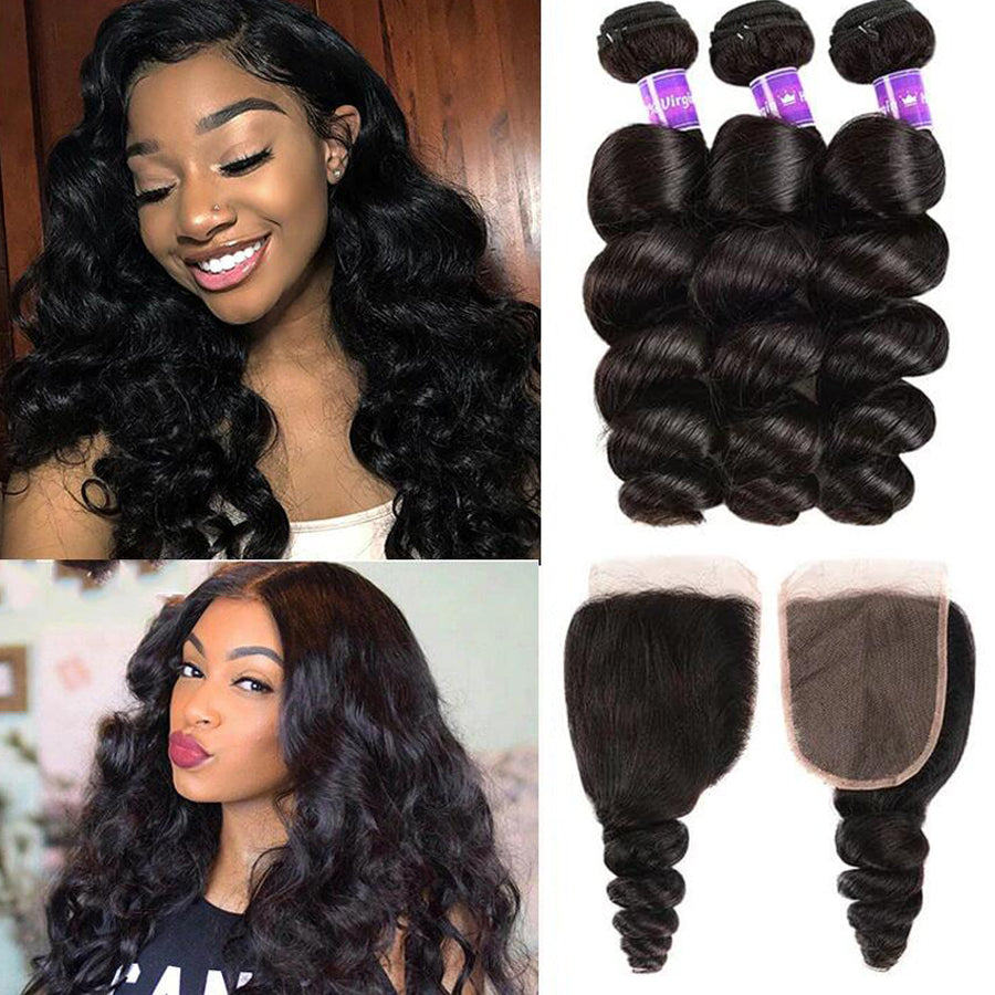 Loose Wave 3 Bundles With Closure 6x6 lace 100% virgin human hair