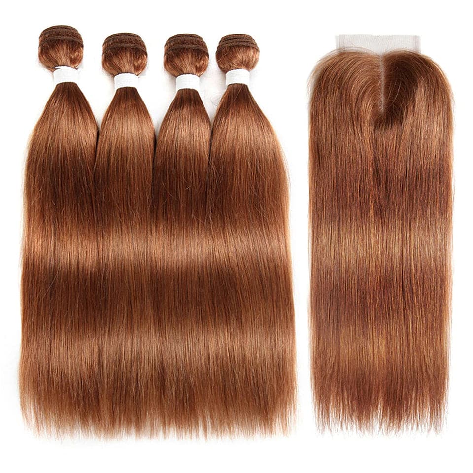 lumiere color #30 Straight Hair 4 Bundles With 4x4 Lace Closure Pre Colored human hair