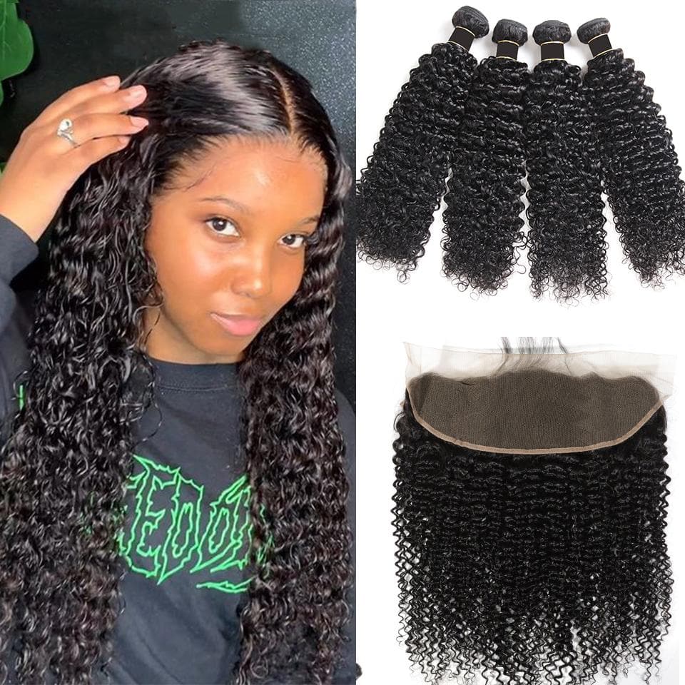 Peruvian Kinky Curly Hair 4 Bundles With 13x4 Frontal Curly Human Hair Transparent Lace closure