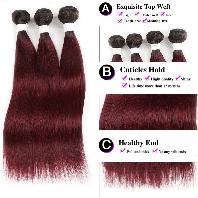 Ombre 1B/99J Straight Hair 3 Bundles With Closure 4x4 pre Colored 100% human hair