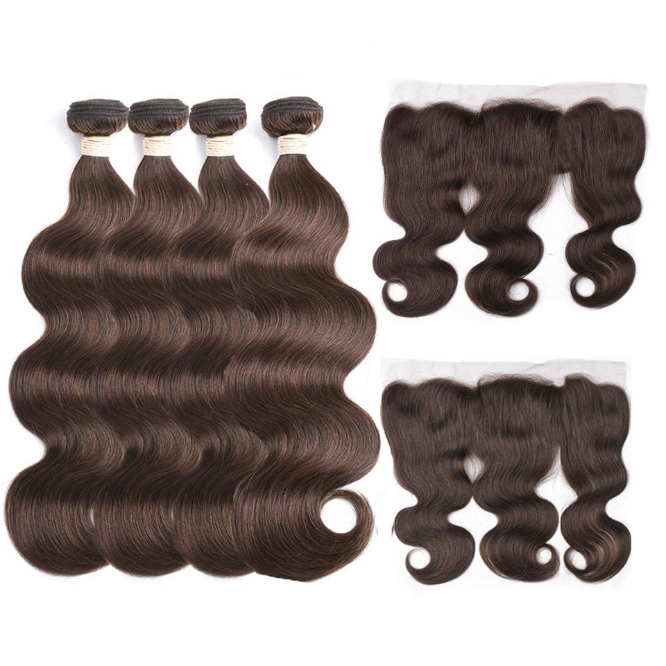 lumiere #4 Brown Body Wave 4 Bundles With 13x4 Lace Frontal Pre Colored Ear To Ear