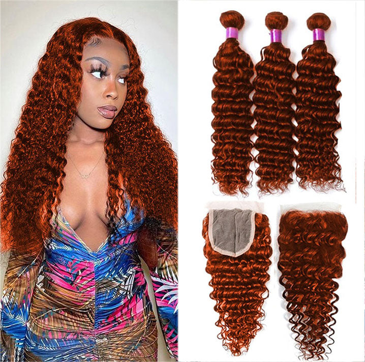 #350 Ginger Deep Wave 3 Bundles With 4x4 Lace Closure Human Hair