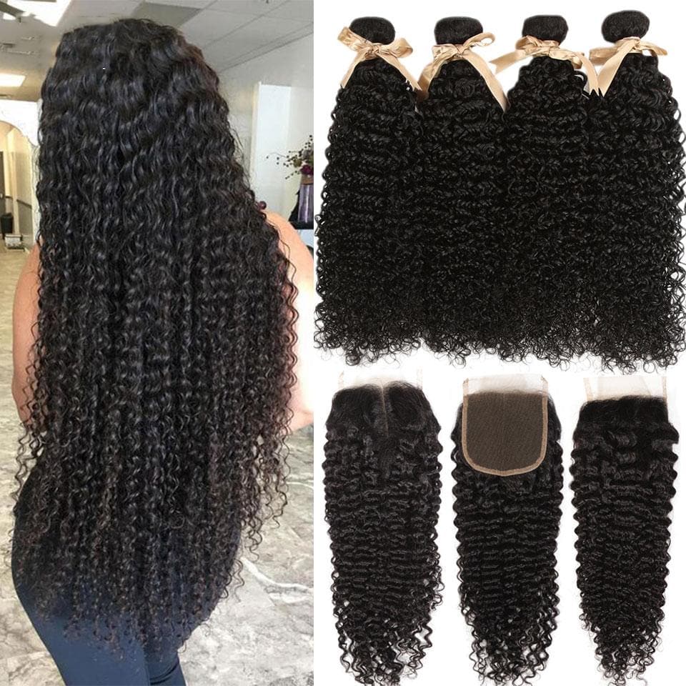 Malaysian kinky Curly Hair 4 Bundles with Closure PrePlucked Hairline Human Hair Extensions with 4x4 Lace Closure