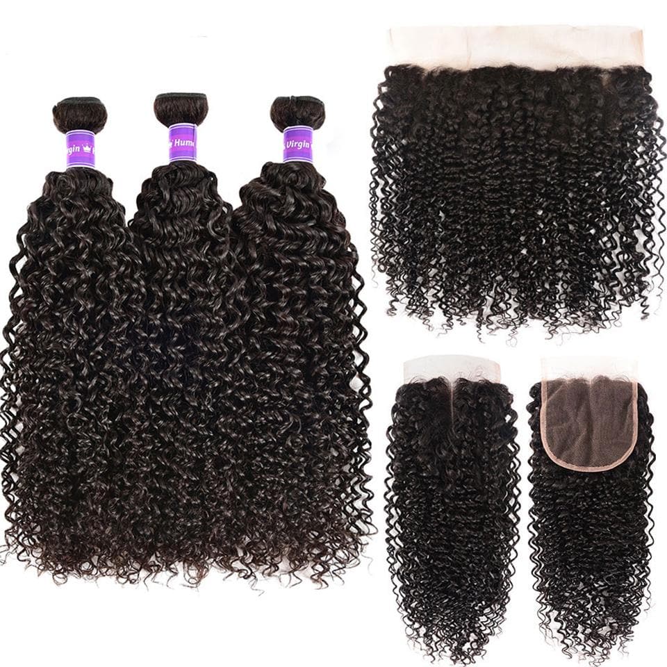 Peruvian Kinky Curly Hair 4 Bundles With 13x4 Frontal Curly Human Hair Transparent Lace closure