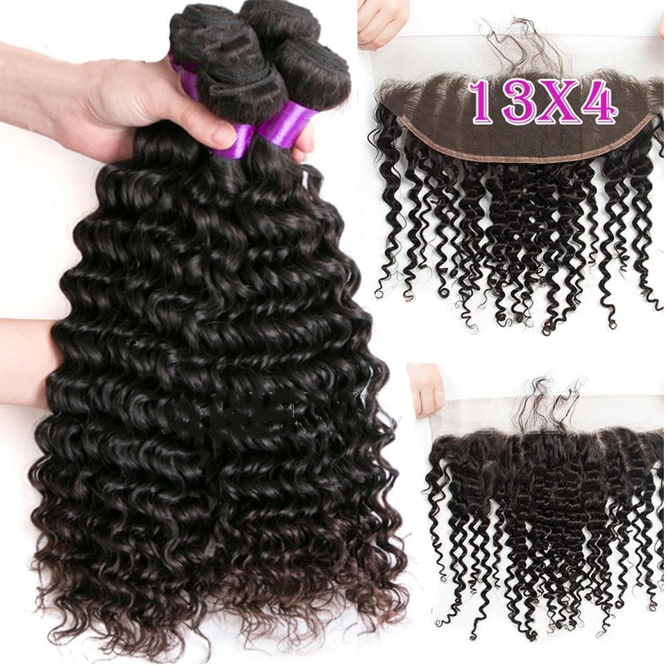 Deep Wave 3 Bundles With 13X4 Transparent Lace Frontal 100% Brazilian Human Hair