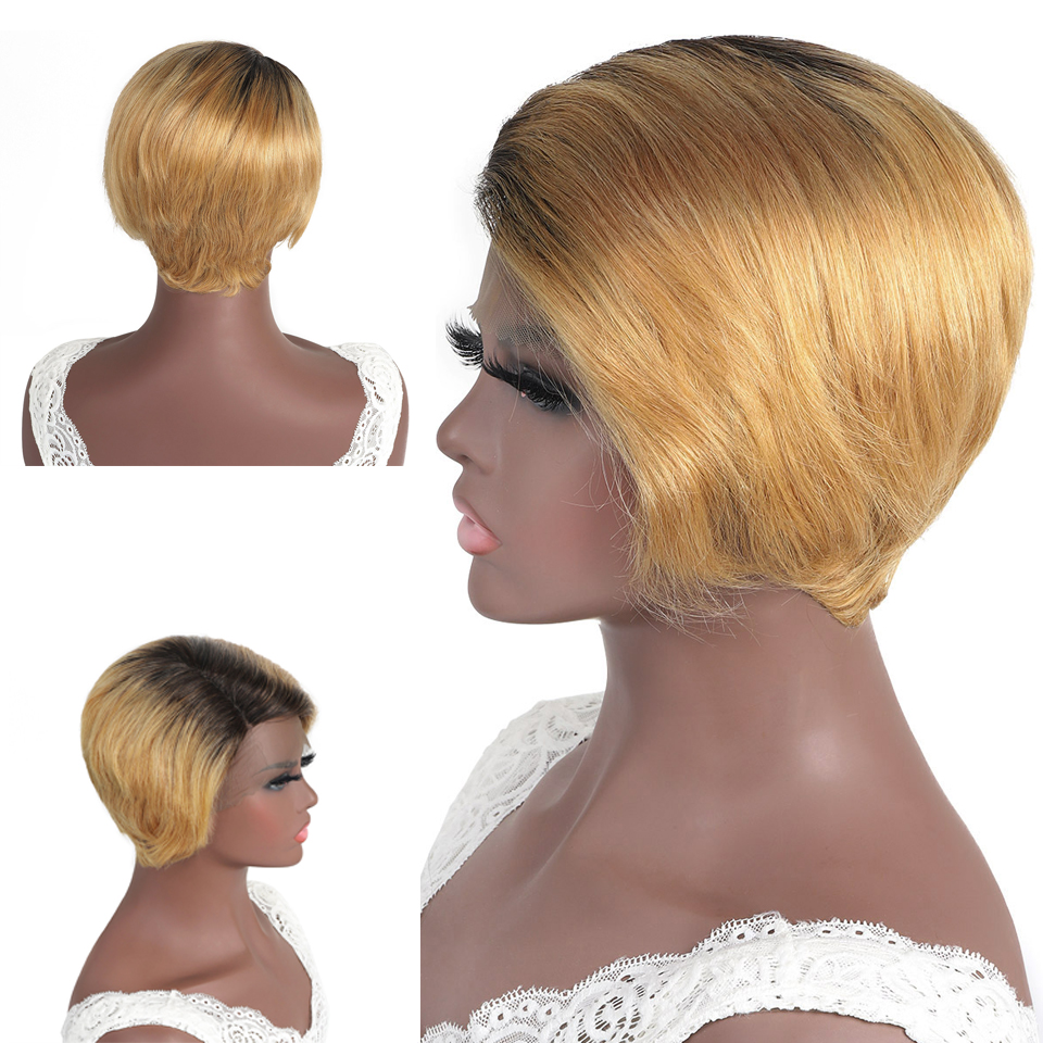 1B/27 13x1 T Lace Side Part Straight Short Pixie Cut Bob Wigs For Women