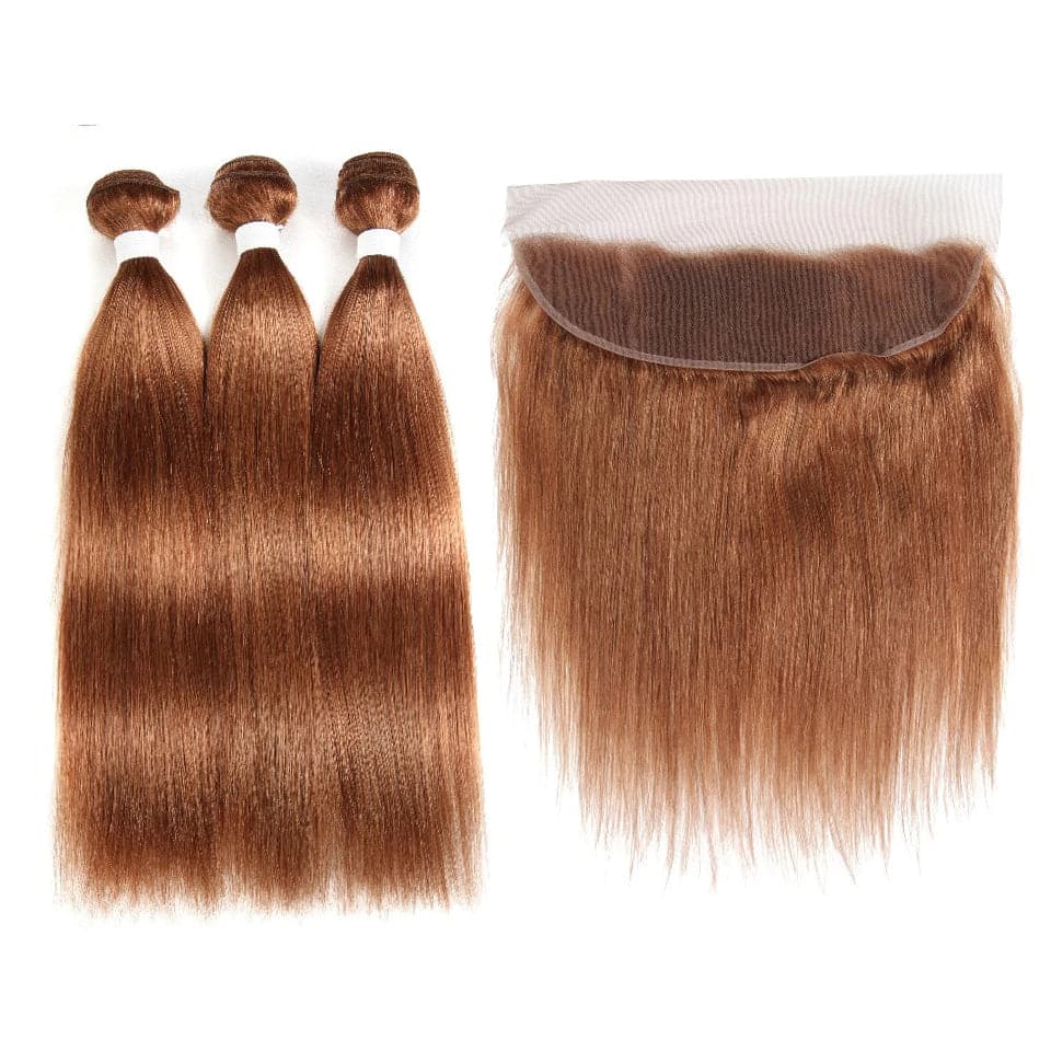 lumiere color #30 Straight Hair 3 Bundles With 13x4 Lace Frontal Pre Colored Ear To Ear