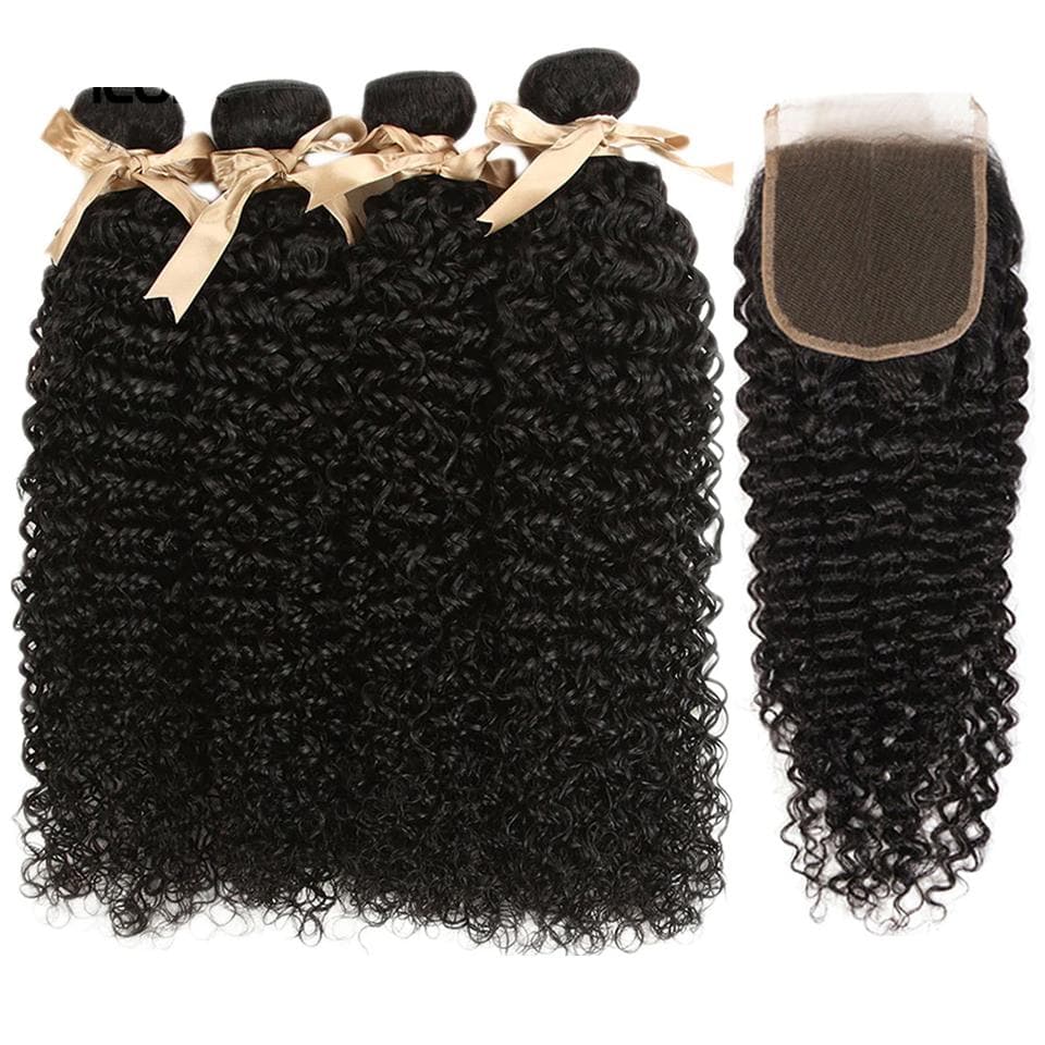 Malaysian kinky Curly Hair 4 Bundles with Closure PrePlucked Hairline Human Hair Extensions with 4x4 Lace Closure