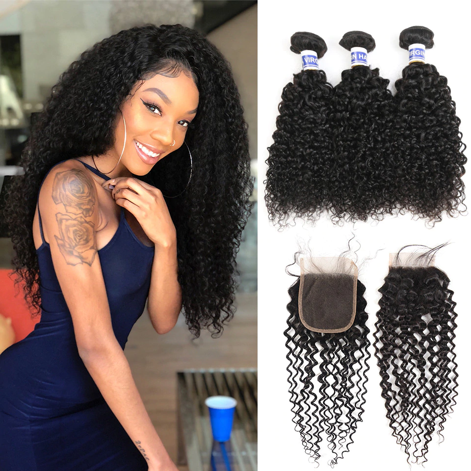 Kinky Curly 3 Bundles With Closure 5x5 lace 100% virgin human hair