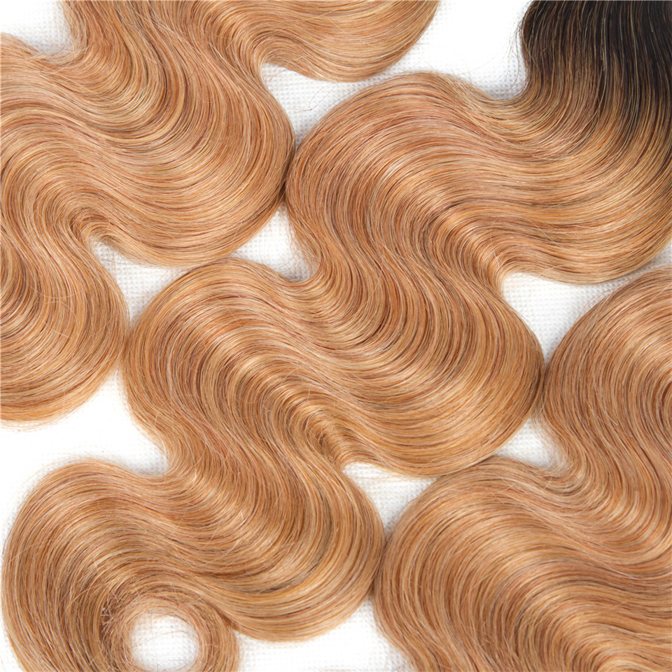 lumiere 1B/27 Ombre Body Wave 3 Bundles With 13x4 Lace Frontal Pre Colored Ear To Ear