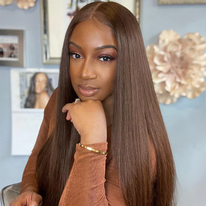 Hot Chestnut Brown 4x4/13x4 Lace Front Straight Human Hair Wigs Pre Colored Brazilian Hair Wig