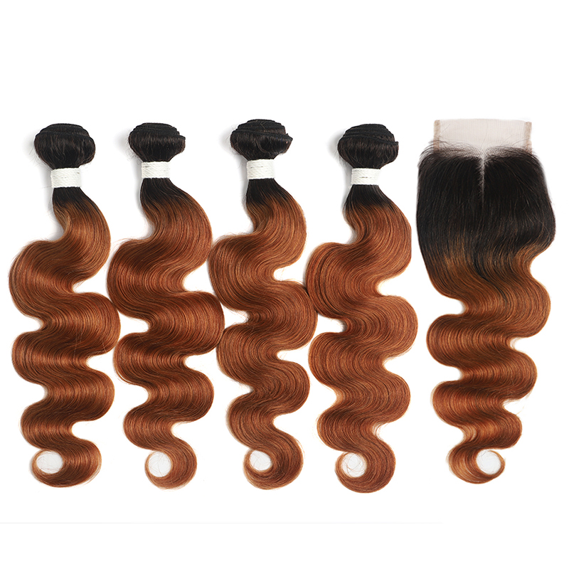 lumiere 1B/30 Ombre Body Wave 4 Bundles With 4x4 Lace Closure Pre Colored human hair