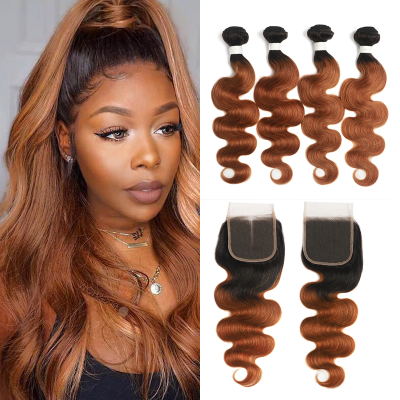 lumiere 1B/30 Ombre Body Wave 4 Bundles With 4x4 Lace Closure Pre Colored human hair