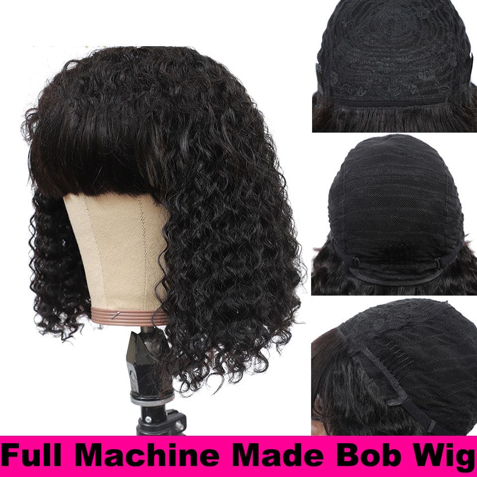 Kinky Curly Bob Full Machine Made None Lace Human Hair Wigs With Bangs