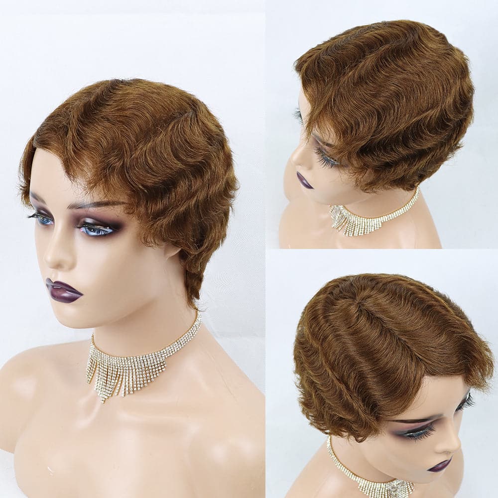 #27 100% Human Hair Pixie Cut Finger Wave Short Bob Full Machine None Lace Front Wigs