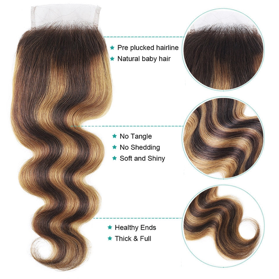 Highlight P4/27 Body Wave 3 Bundles with 4x4 Lace Closure Human Hair