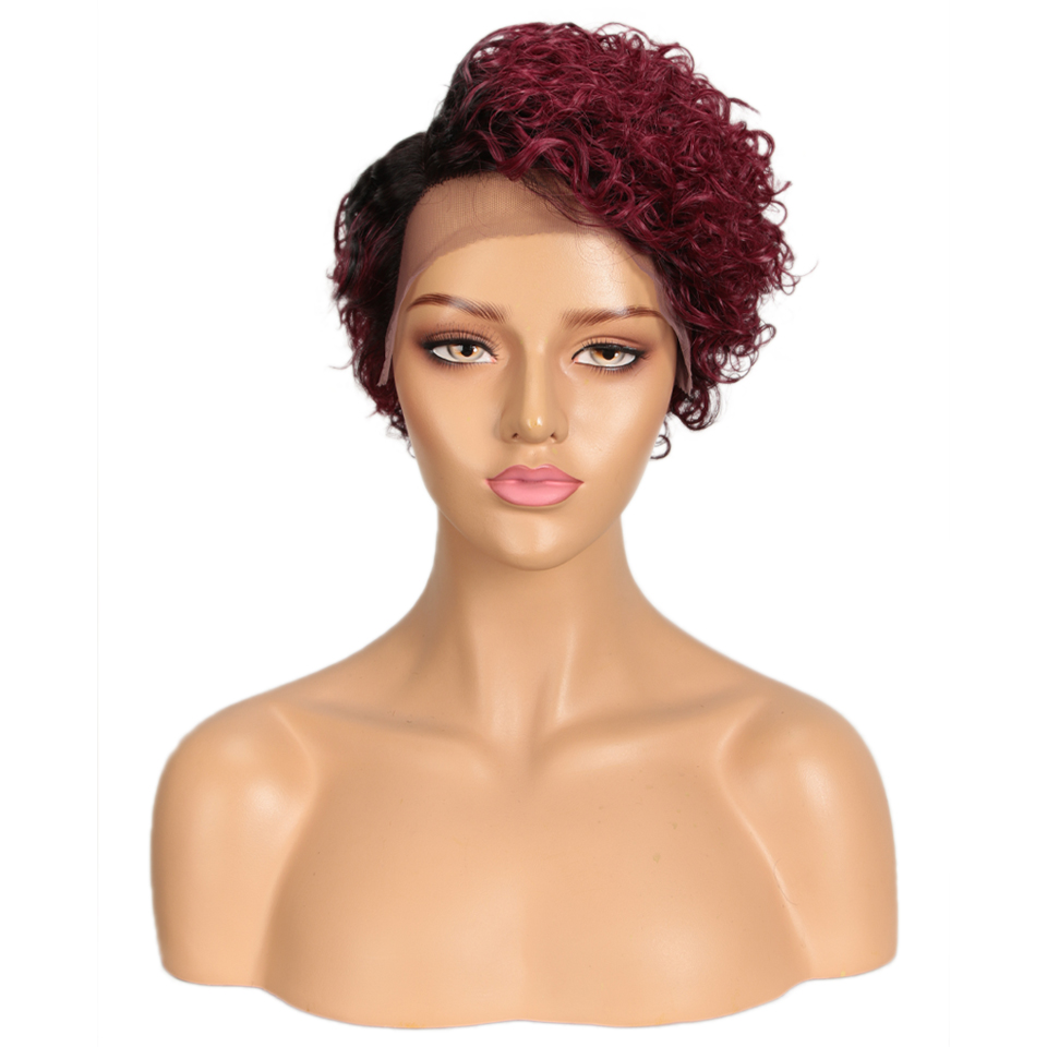 Curly Hair Ombre Colored T/99J Short Pixie Cut Wig or Black Women 13x4x1 Side Part Wigs