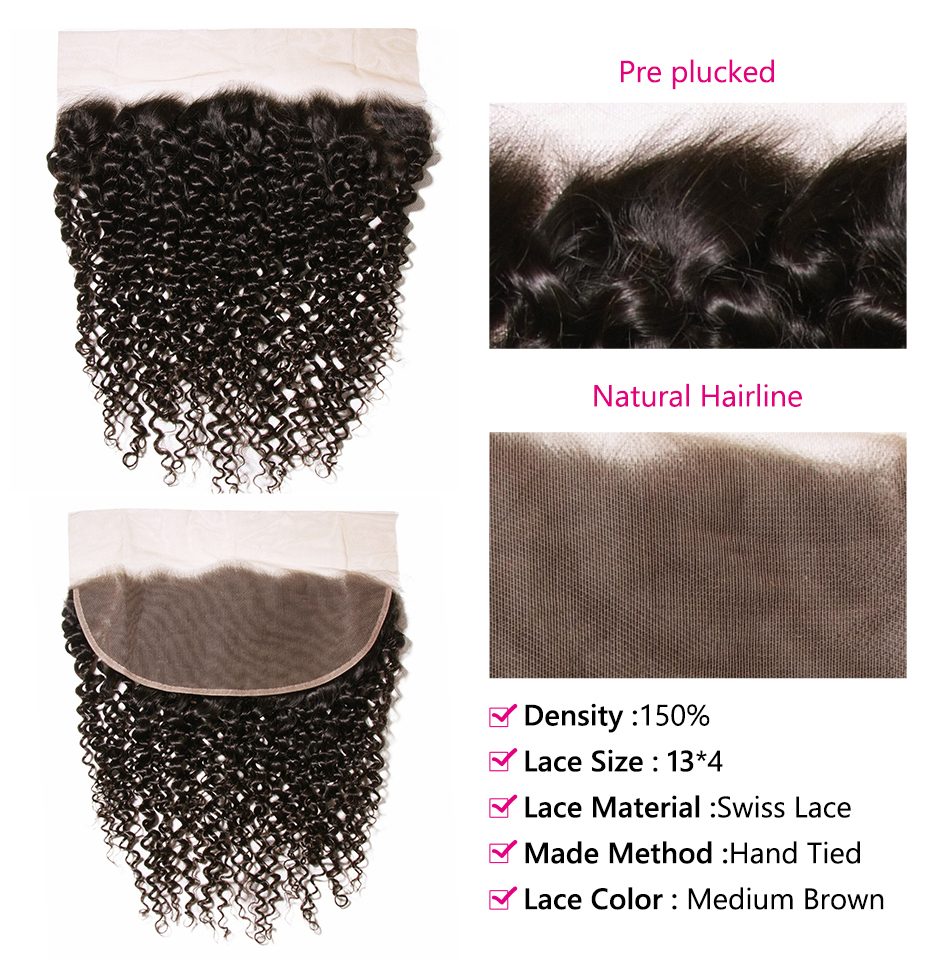 Peruvian Kinky Curly Hair 4 Bundles With 13x4 Frontal Curly Human Hair Transparent Lace closure