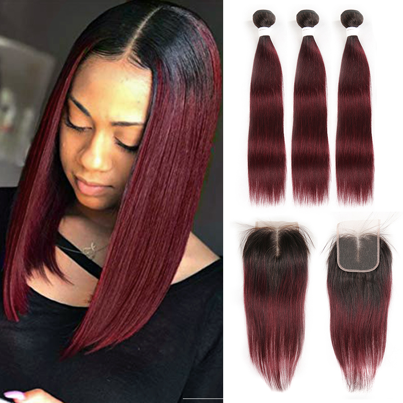 Ombre 1B/99J Straight Hair 3 Bundles With Closure 4x4 pre Colored 100% human hair