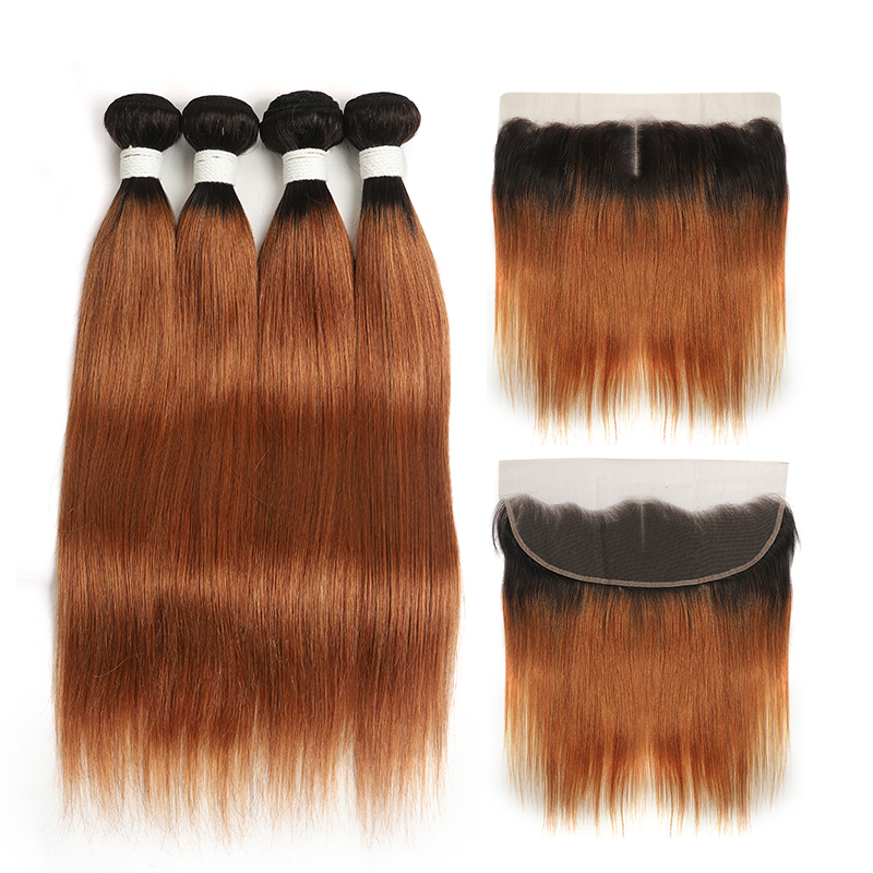 lumiere 1B/30 Ombre Straight Hair 4 Bundles With 13x4 Lace Frontal Pre Colored Ear To Ear