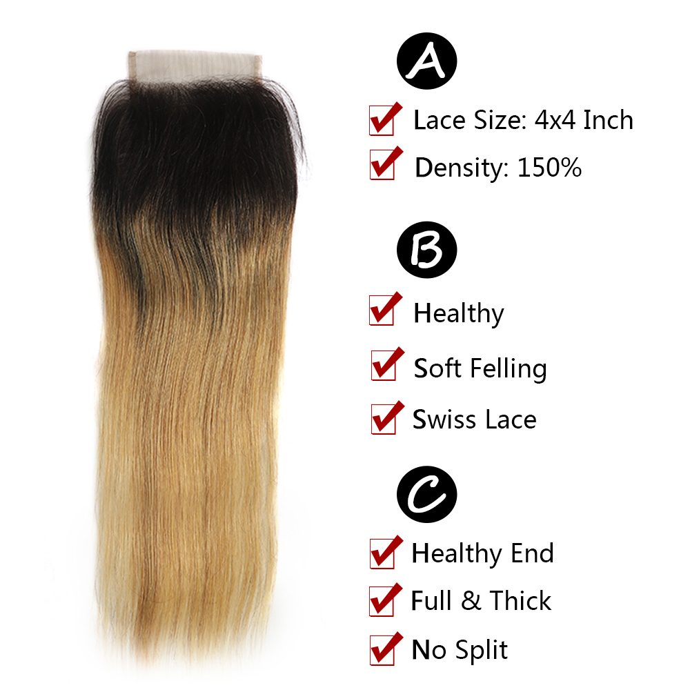 Lumiere hair Ombre 1B/27 Straight Hair 3 Bundles With Closure 4x4 pre-Colored 100% virgin human hair