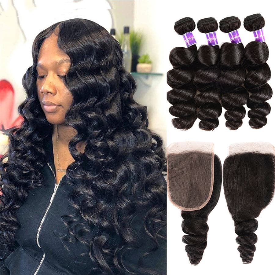 Loose Wave 4 Bundles With Closure 5x5 lace 100% virgin human hair