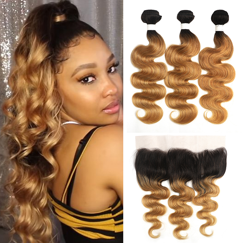 lumiere 1B/27 Ombre Body Wave 3 Bundles With 13x4 Lace Frontal Pre Colored Ear To Ear