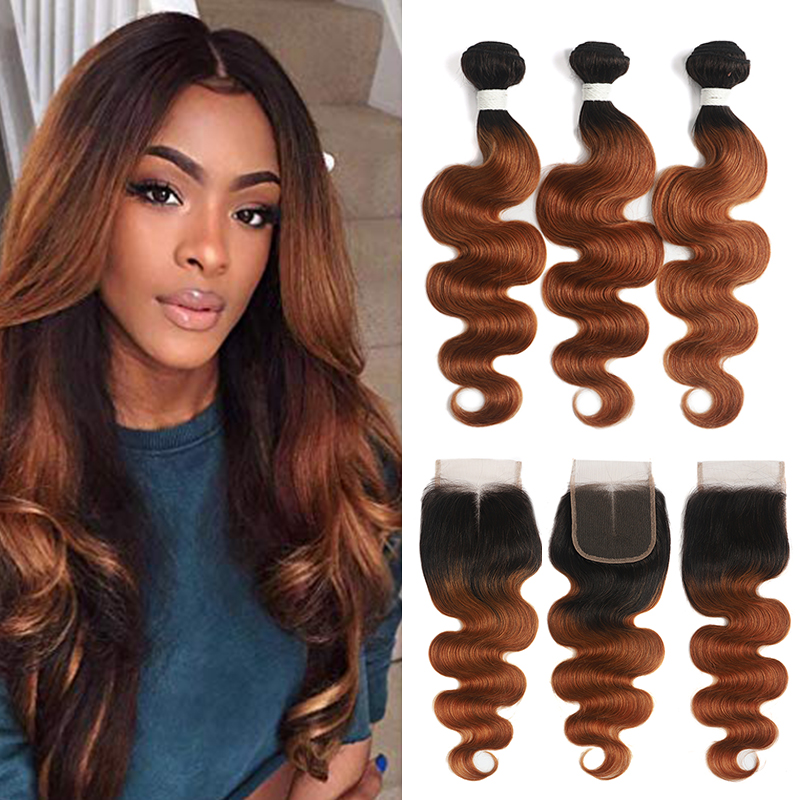 Ombre 1B/30 Body Wave 3 Bundles With Closure 4x4 pre Colored 100% virgin human hair