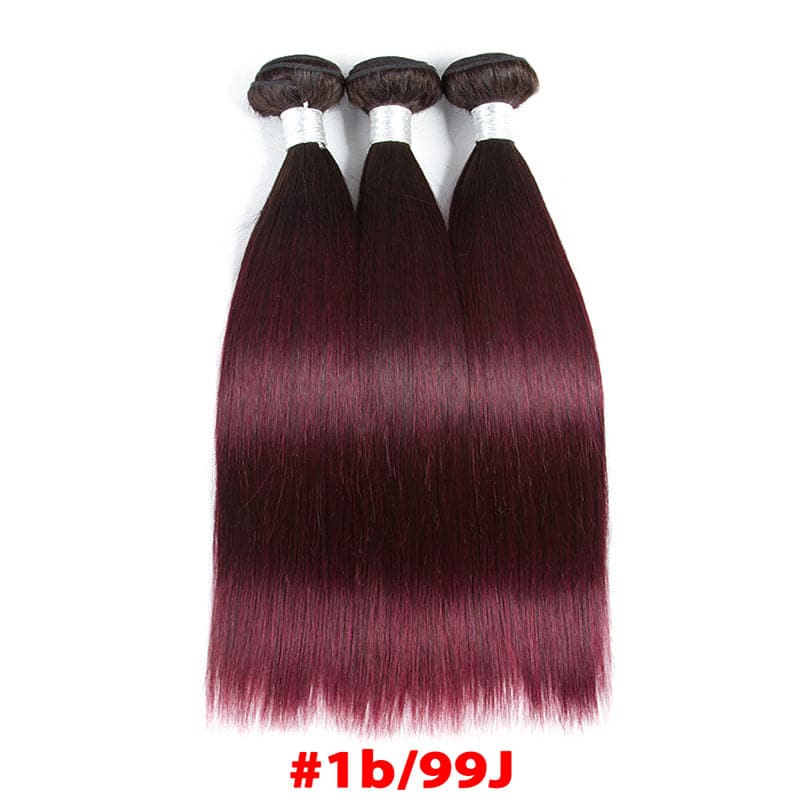 Ombre 1B/99J Straight Hair 3 Bundles With Closure 4x4 pre Colored 100% human hair