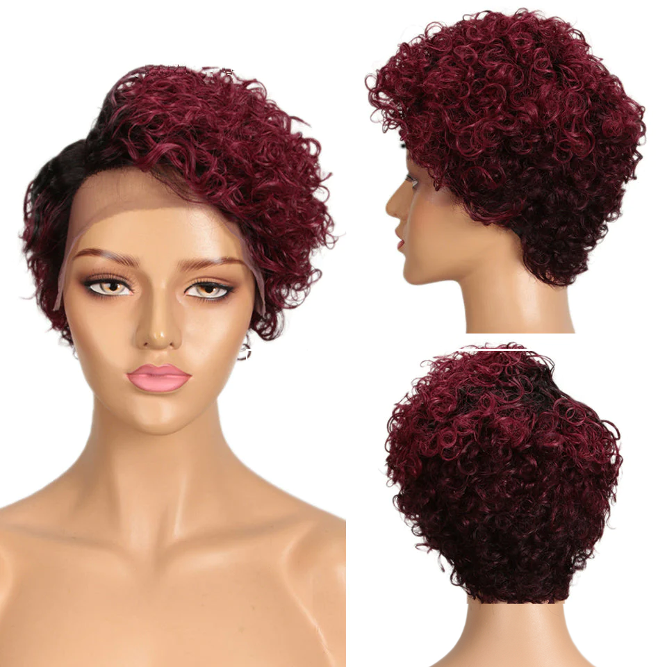 Curly Hair Ombre Colored T/99J Short Pixie Cut Wig or Black Women 13x4x1 Side Part Wigs