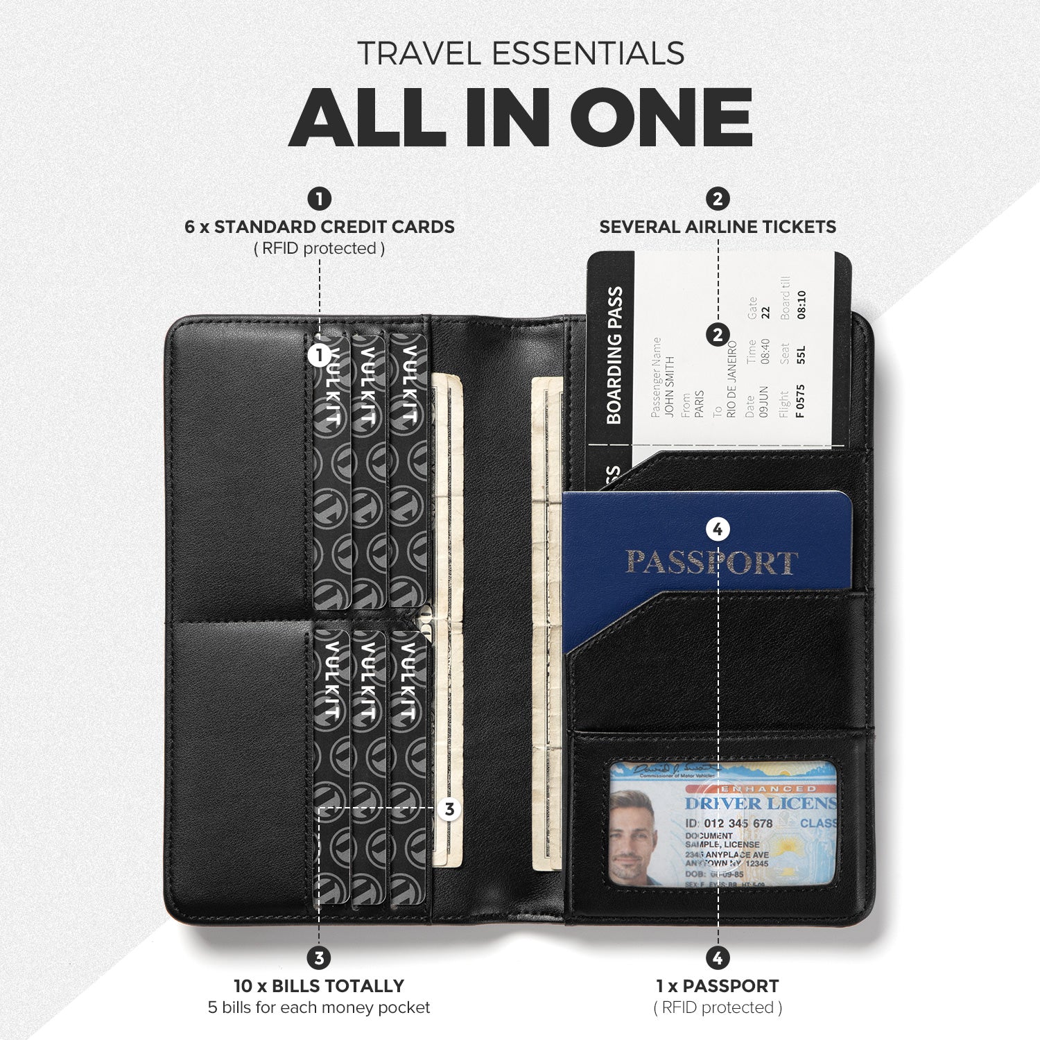 VPW100- Bifold Passport Holder For Cash, Bills and Cards