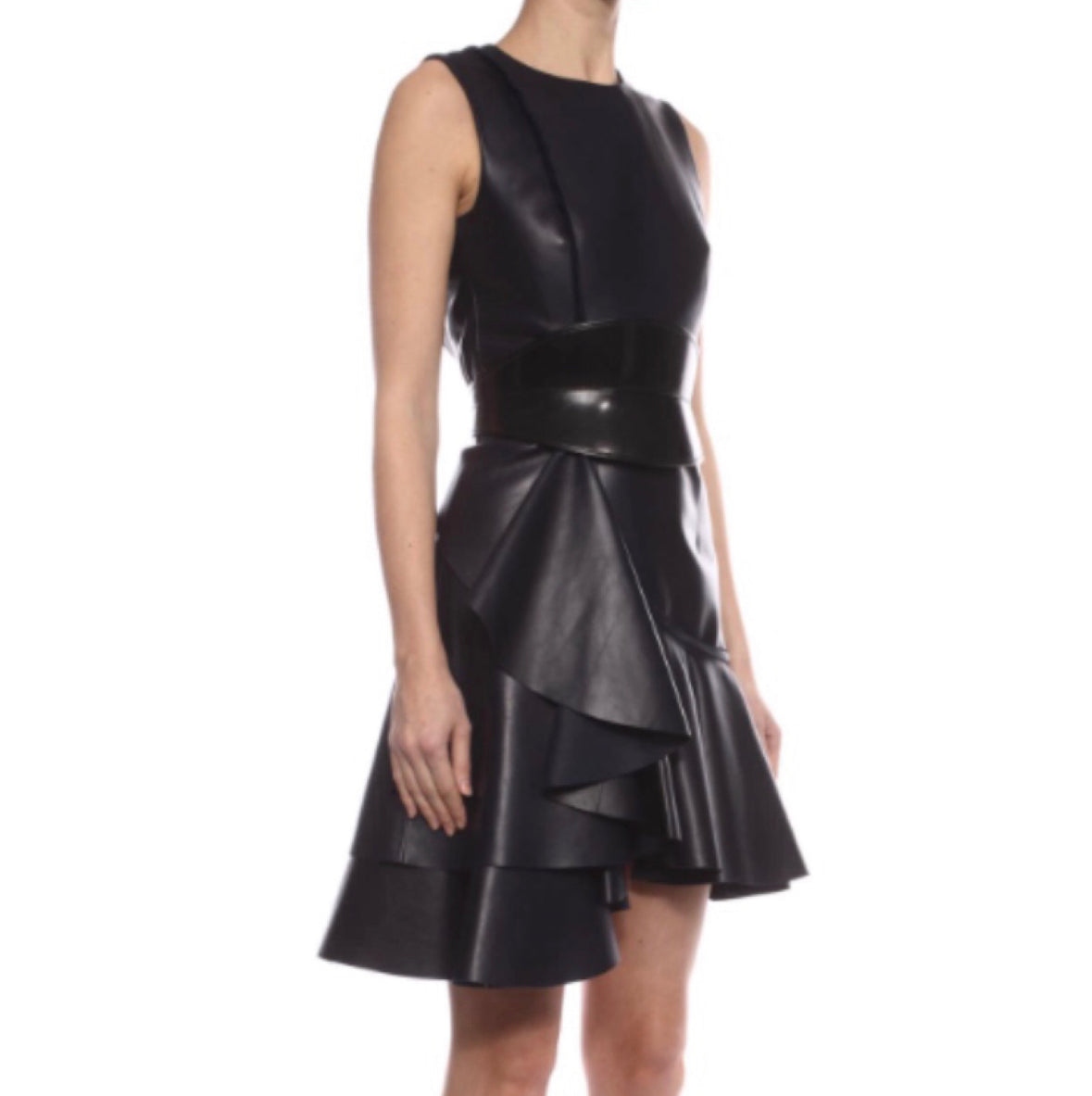 Alexander McQueen Asymmetric Frill Leather Dress