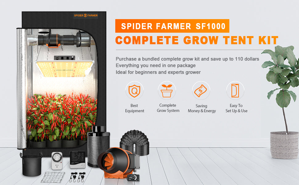 Spider Farmer SF1000 LED Grow Light Full Spectrum+2'x2'(70x70x160cm) Grow Tent Kits