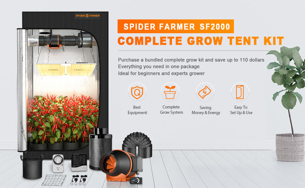 Spider Farmer SF2000 LED Grow Light +2x4 Grow Tent Kits + Carbon Filter + Inline Fan