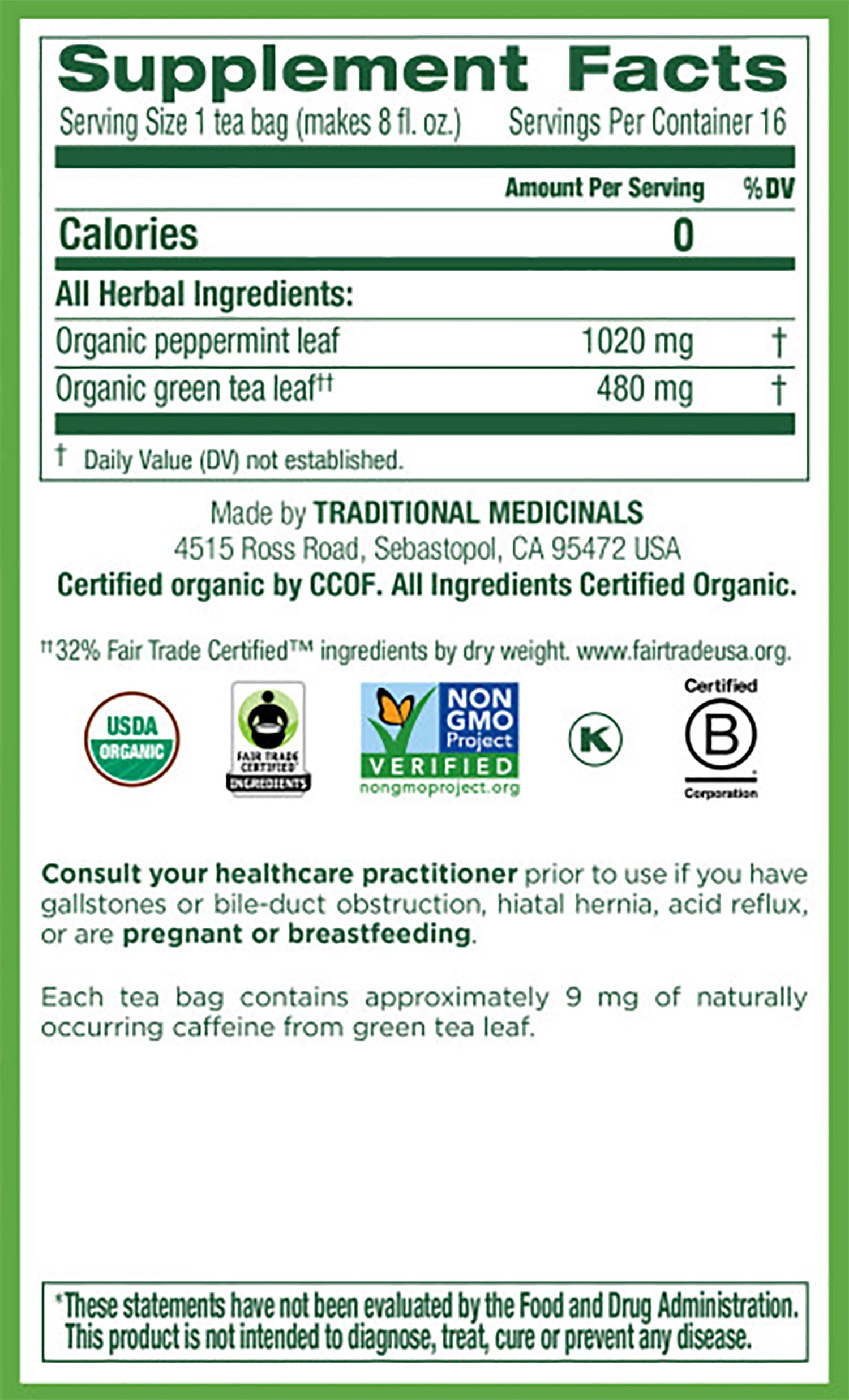 Traditional Medicinals Green Tea Peppermint Green Tea Organic, 16 CT