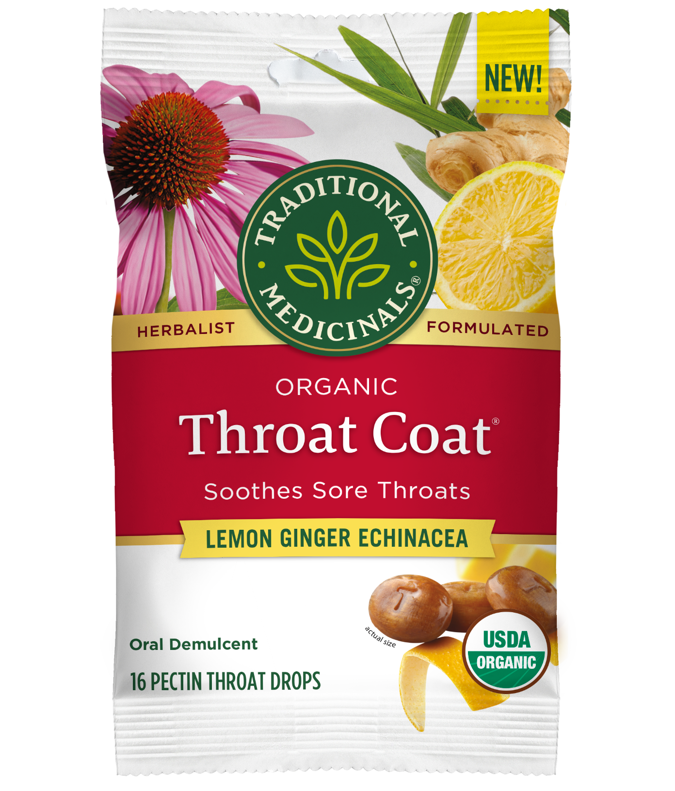 Traditional Medicinals Throat Coat Seasonal Wellness Lozenges, Lemon Ginger Echinacea, 2.67 OZ