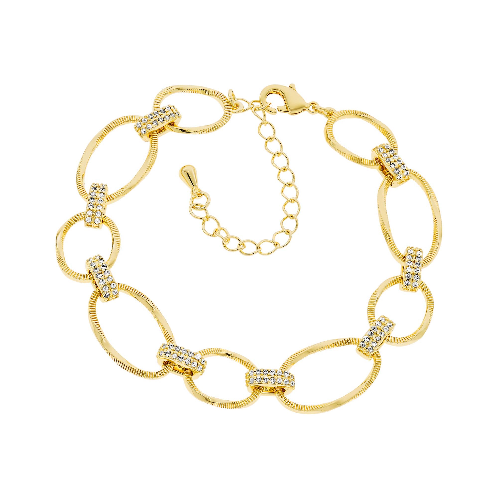 Oval & Round Textured Link CZ Bracelet in Yellow Gold