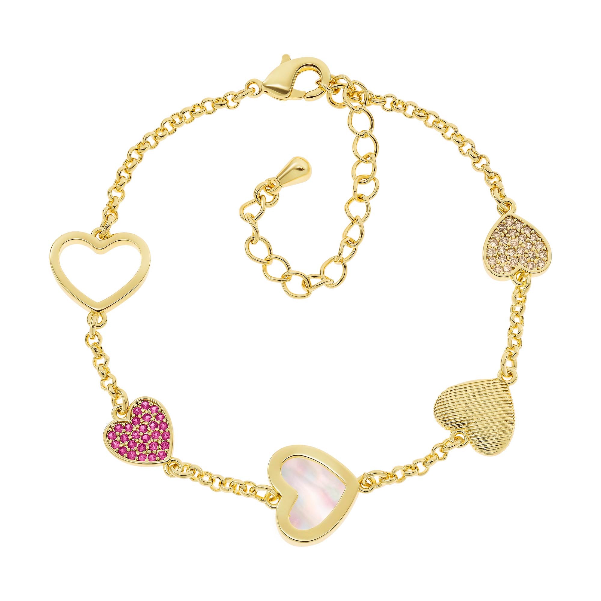Varied Mother of Pearl & Ruby CZ Hearts Bracelet