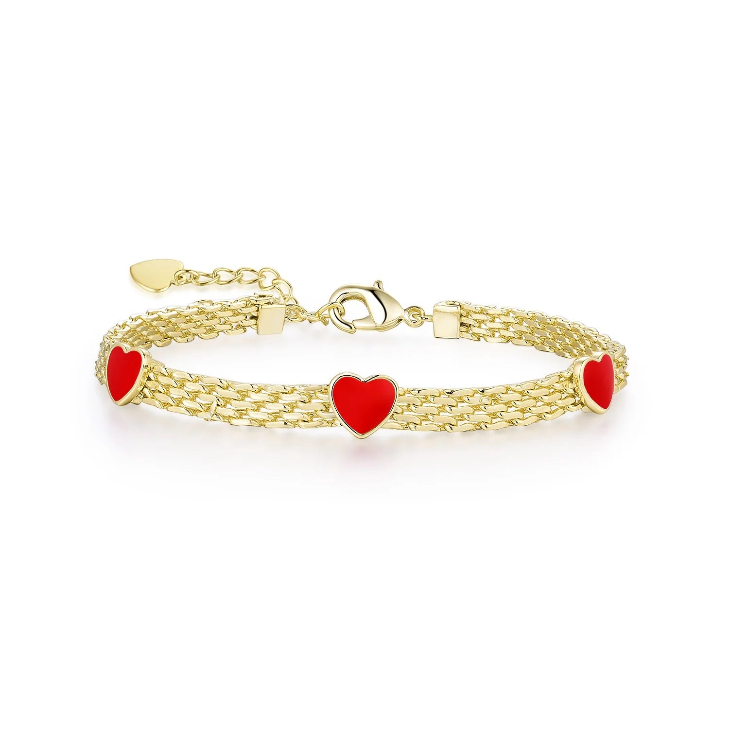 Red Enamel Hearts Braided Bracelet in Yellow Gold