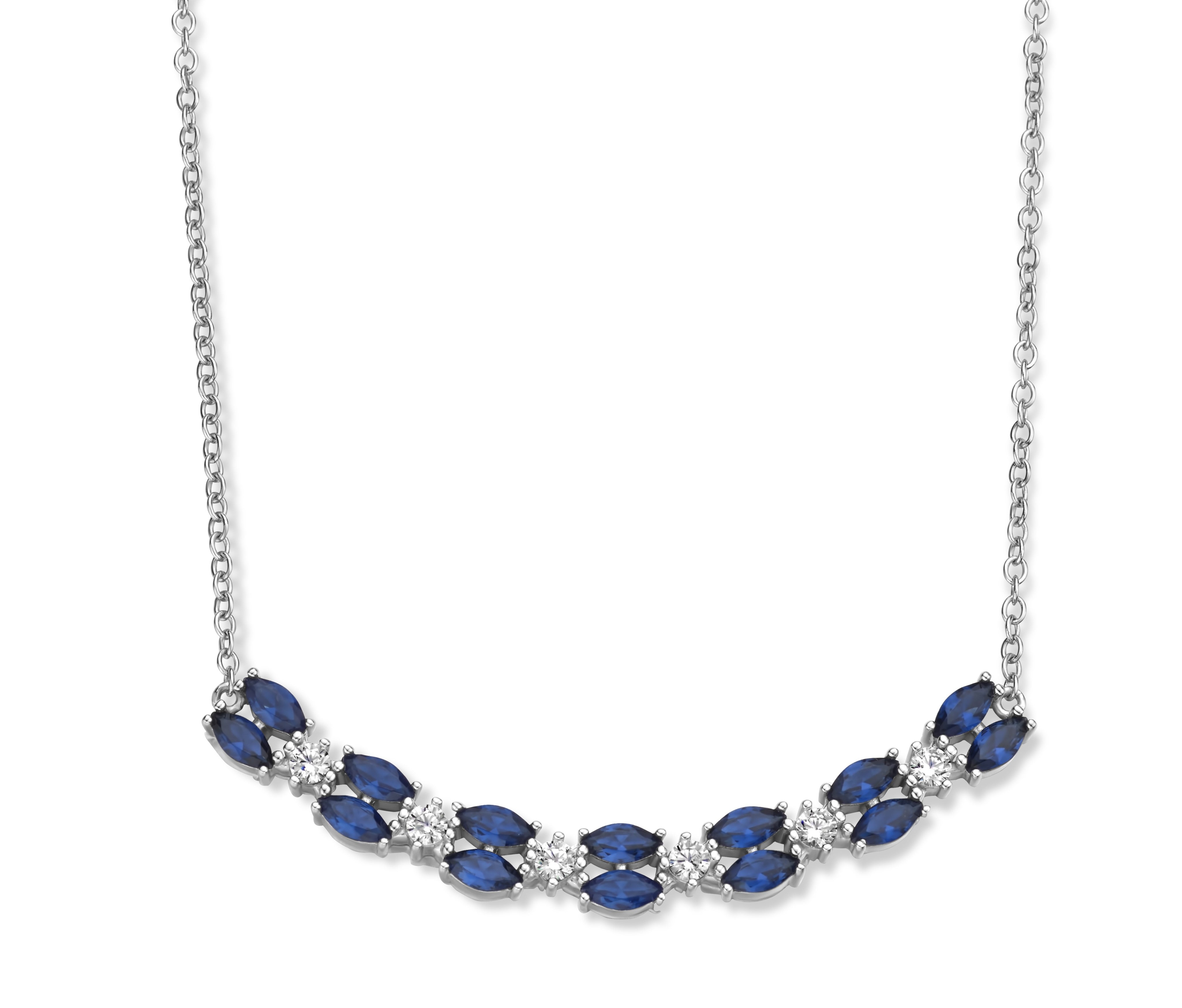 Sapphire & CZ Double Row Bar Necklace in White Gold