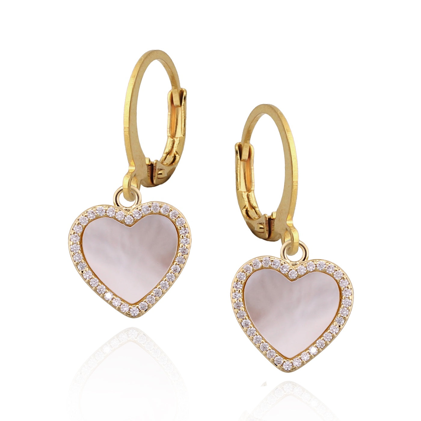 Large Mother of Pearl CZ Heart Lever Earrings