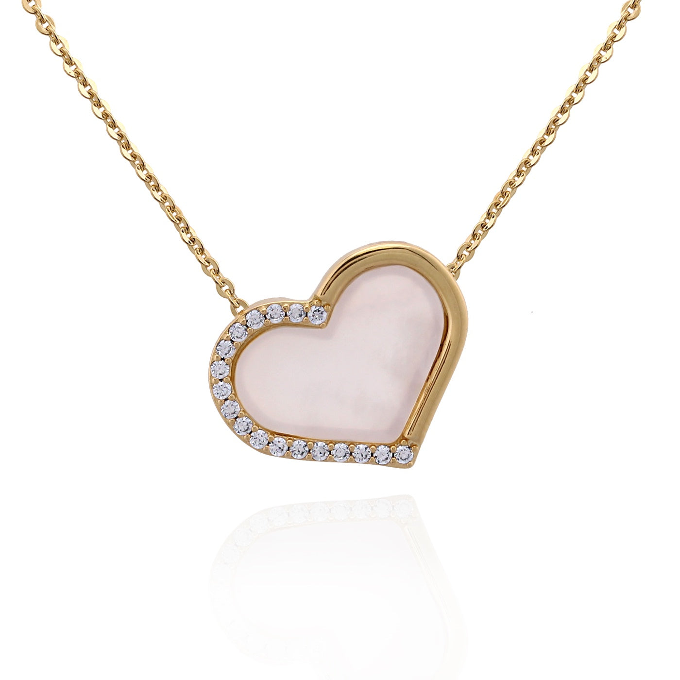 Half CZ Mother of Pearl Heart Pendant in Yellow Gold