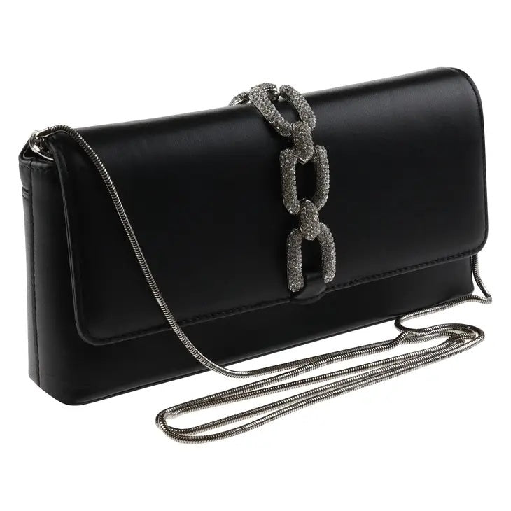 Leather Rhinestone Chain Fold Over Clutch in Black