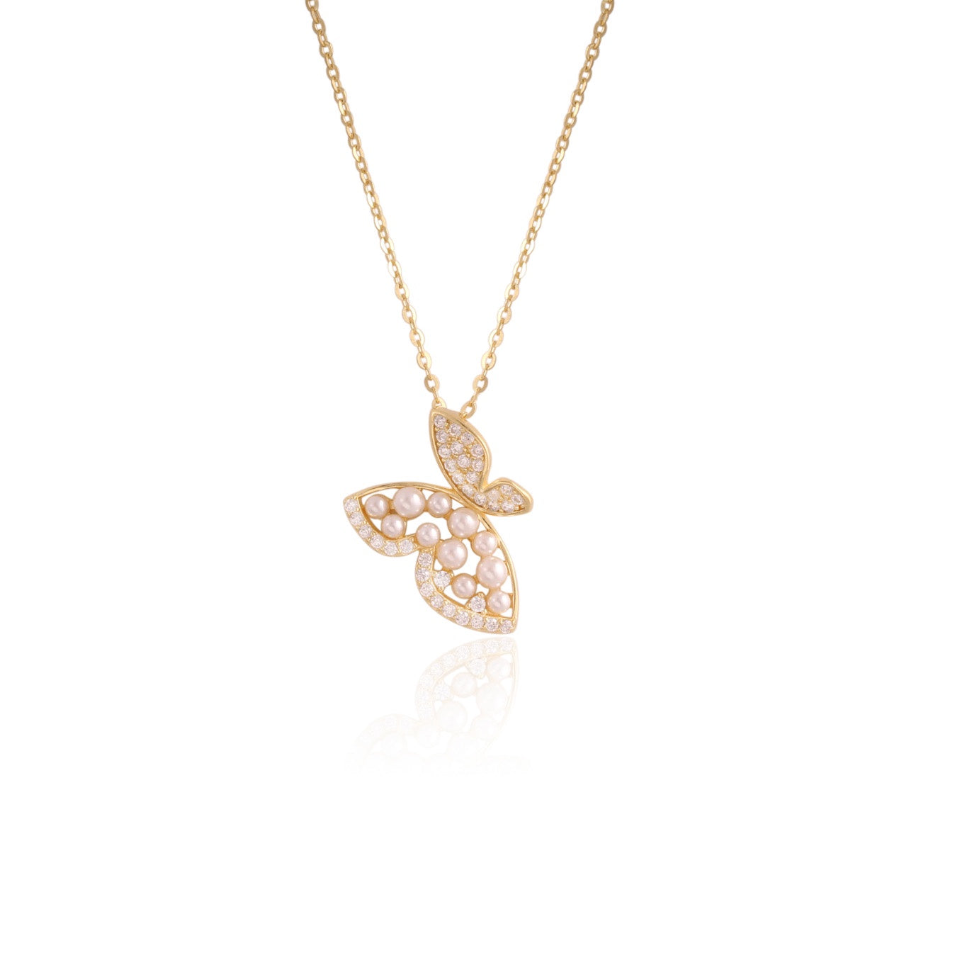 Mini Pearls & Pave Butterfly Pendant in Yellow Gold