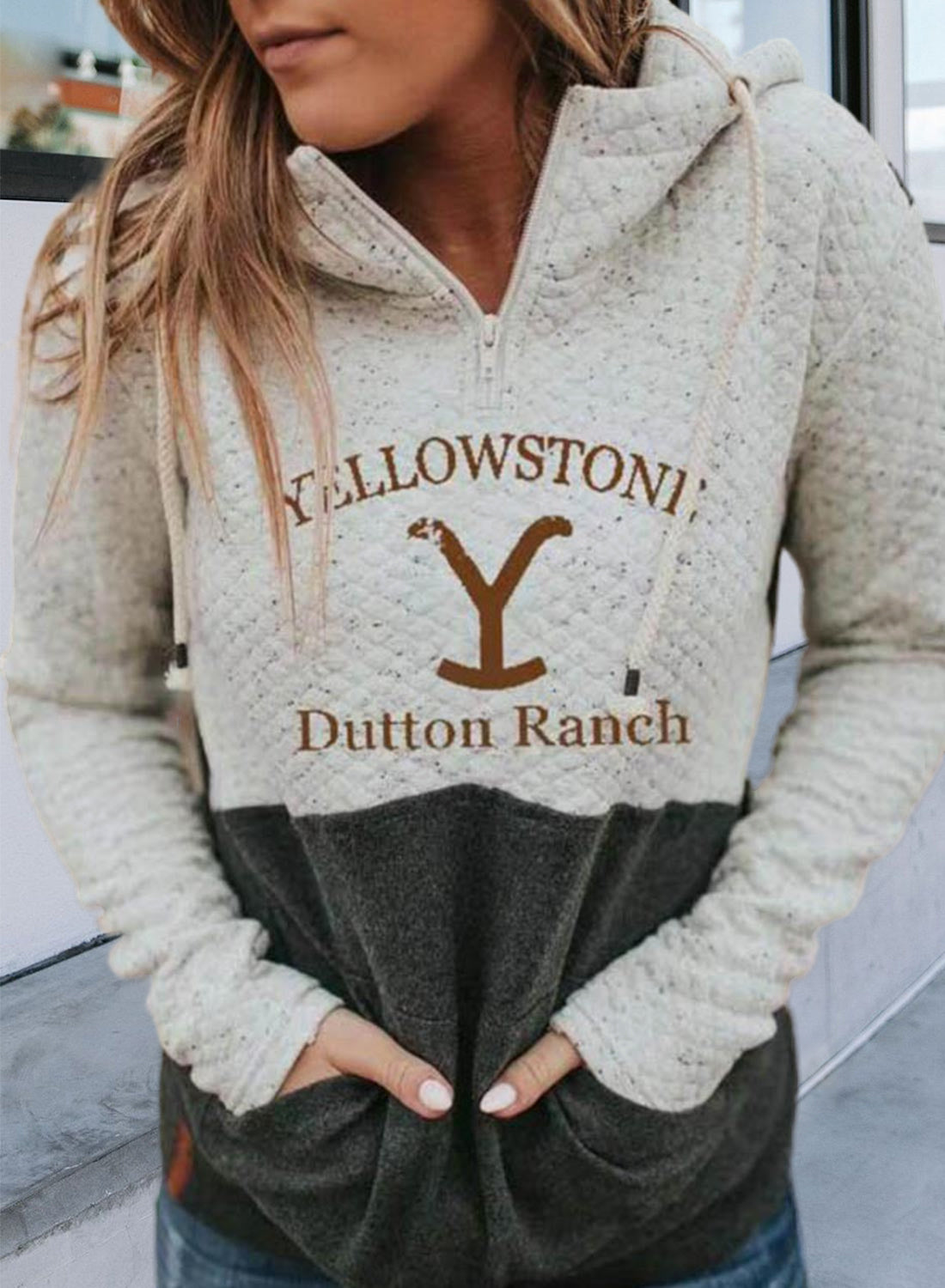 Women's Yellowstone Dutton Ranch Hoodies Drawstring Stand Neck Long Sleeve Color Block Hoodies With Pockets