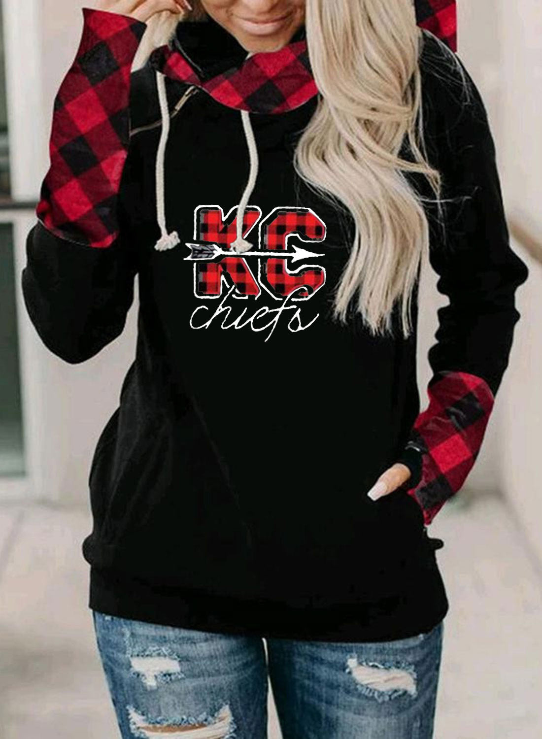 Women's Kansas City Chiefs Hoodies Drawstring Long Sleeve Plaid Casual Daily KC Hoodies